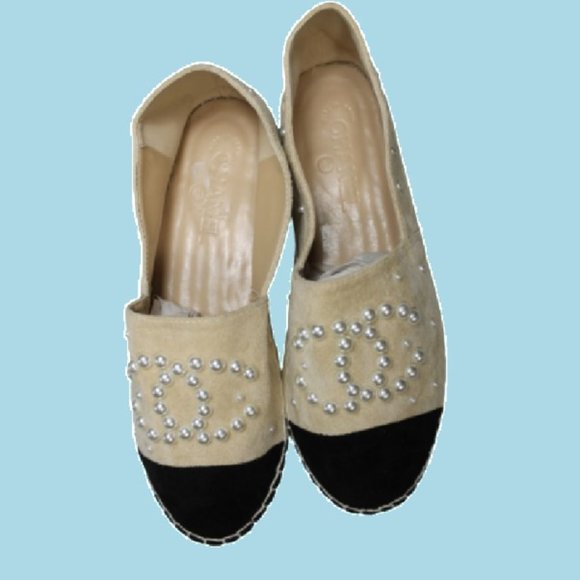 CHANEL Pearl Embellished Suede Espadrilles Shoes 40 10 Logo Suede 2017 NEW - Picture 5 of 10